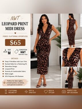 Leopard Print V-Neck Midi Dress - Brown